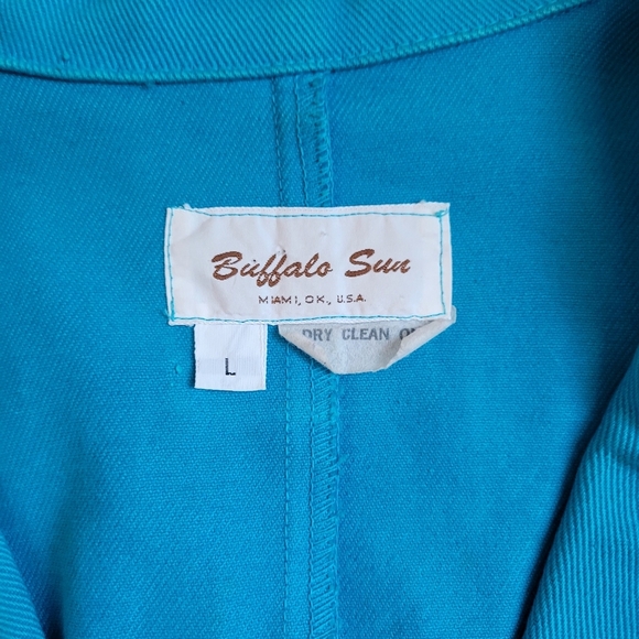 Vintage Buffalo Sun Blue Red Western Aztec Long Trench Denim Coat Jacket Large - Picture 4 of 7